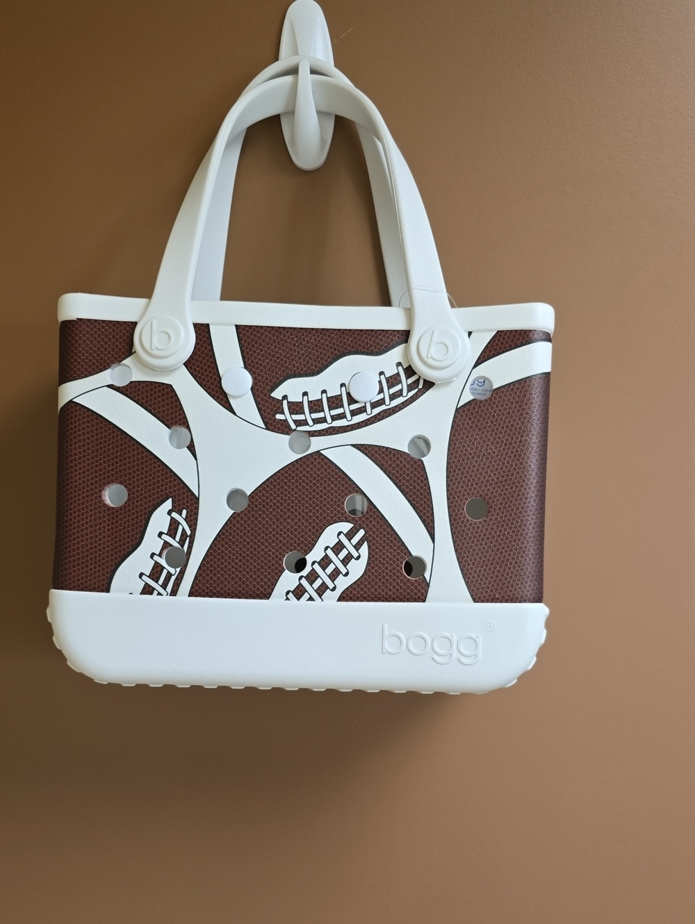 Bogg Bitty Bag Tote Brown White Football Print Washable NWT